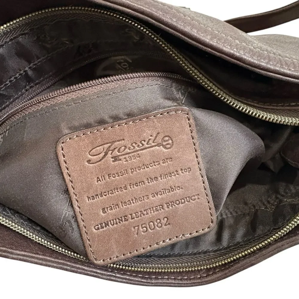 Fossil Leather Shoulder Bag Brown Style 75082 Key Charm Adjustable Strap